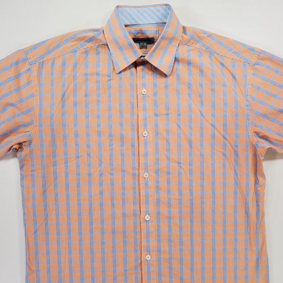 Johnston Murphy Shirt Men Medium Orange Blue Check Regular Fit Casual Button Up - Picture 6 of 14